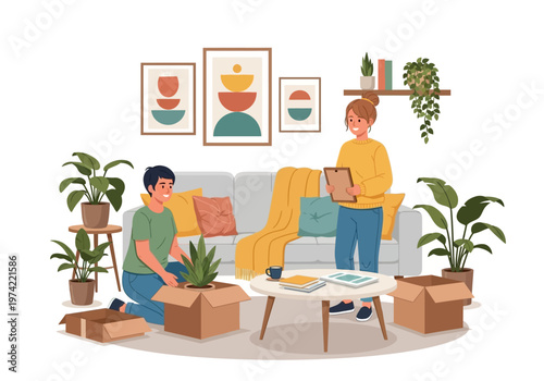 Couple happily unpacking houseplants into their new home, a symbol of fresh beginnings and comfortable living