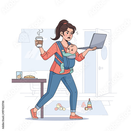 Stressed mother multitasking with baby and laptop in busy home