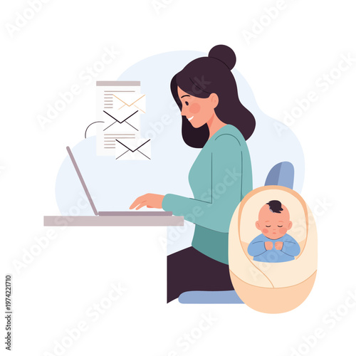 Mother typing on laptop while baby sleeps in bassinet nearby