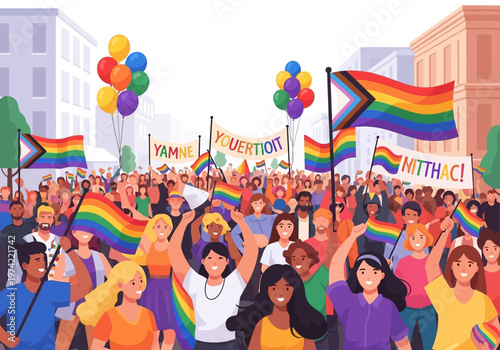 Pride parade A vibrant celebration of LGBT equality and diversity with rainbow flags and balloons in a crowd