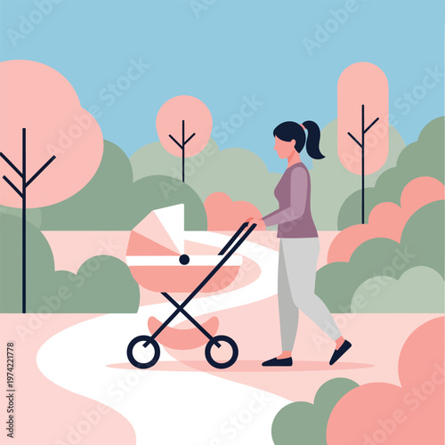 Woman pushing baby stroller on winding path through autumn park