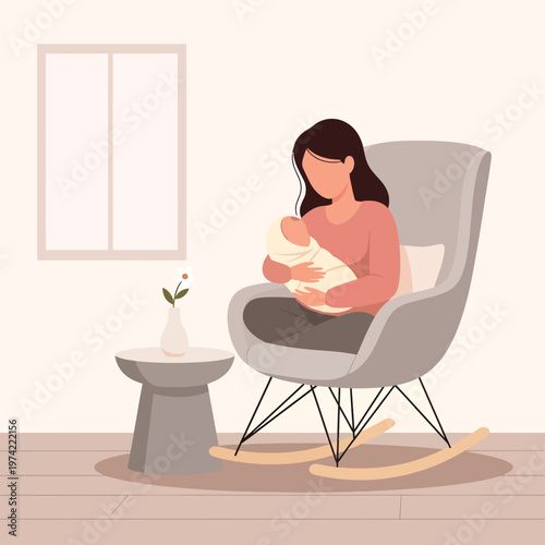 Minimalist illustration of mother holding swaddled baby in rocking chair