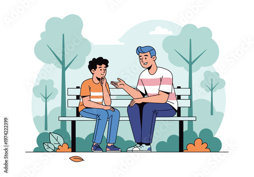 Two people conversing on a park bench surrounded by trees and foliage
