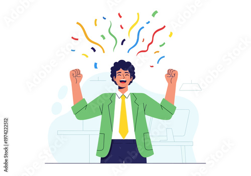 Excited Man Celebrating Victory with Confetti Shower and Arms Raised in Triumph