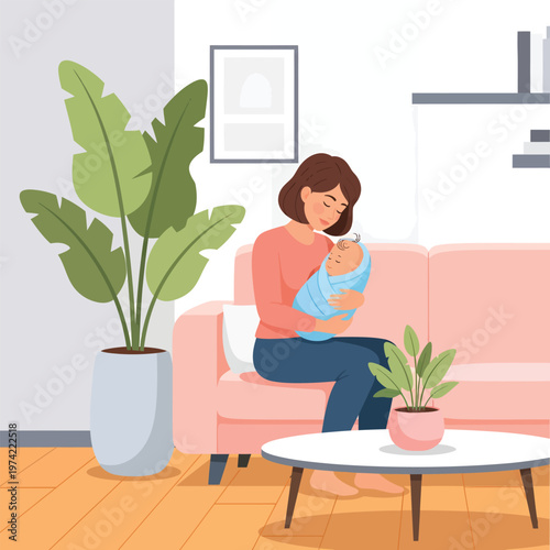 Young mother sitting on sofa holding swaddled infant