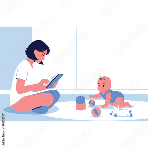 Mother working on tablet while infant crawls on floor