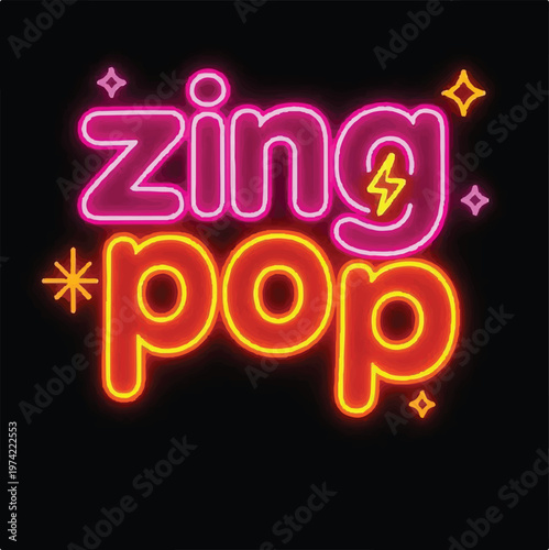 A vibrant and playful neon sign graphic displaying the words "zing pop" in glowing pink and orange, radiating energetic pop art style.