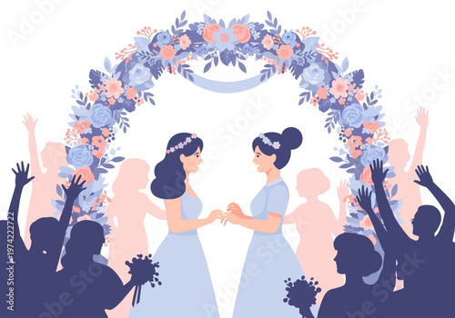 LGBTQ+ wedding couple holding hands under a floral arch with cheering crowd in silhouette
