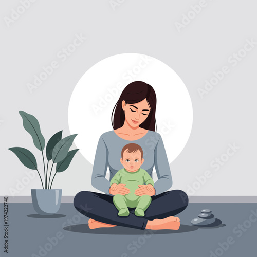 Calm mother and baby sitting on floor with houseplant illustration
