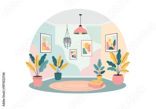 Cozy Interior Scene with Plants and Artwork, Featuring a Soft Rug and Pendant Lighting