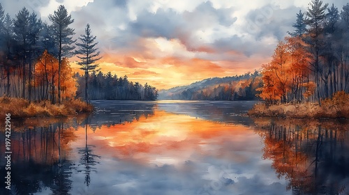 Autumn sunset over lake and forest