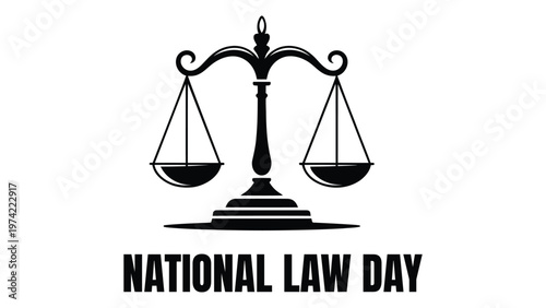National law day concept with justice balance scale silhouette and bold typography symbolizing equality fairness legal system rights awareness design