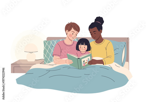 Family bedtime story parents reading a book to their child in bed