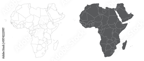 Detailed vector map of the African continent showing country borders in both outline and filled versions vector illustration
