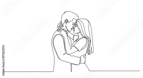 Minimalist continuous line art illustration depicting a loving couple in a tender embrace, symbolizing deep affection, intimacy, and romantic connection with modern elegance