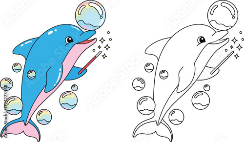 Magical Cartoon Dolphin Blowing Bubbles with a Wand Enchanting Scene