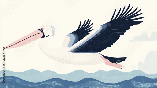 Hand Drawn Pelican Gliding Over Blue Ocean Waves