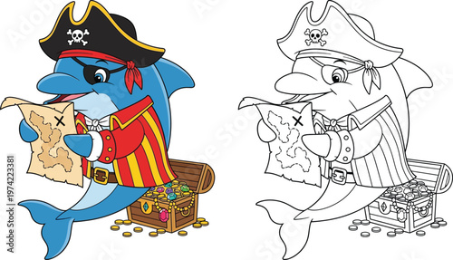 Adventurous Cartoon Pirate Dolphin Reading a Treasure Map by a Chest