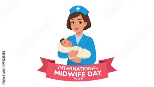 International midwife day concept with nurse holding newborn baby and ribbon banner symbolizing maternity care childbirth support healthcare services and compassion