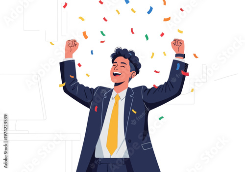 Excited businessman celebrating success with confetti showering down, pure joy and achievement