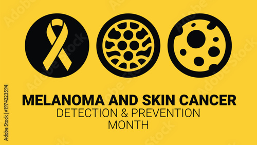 Melanoma and skin cancer detection and prevention month concept with medical icons ribbon cells and lesions highlighting dermatology awareness and early diagnosis