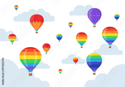Vibrant hot air balloons adorned with rainbow colors gracefully ascend amidst a serene sky with fluffy clouds