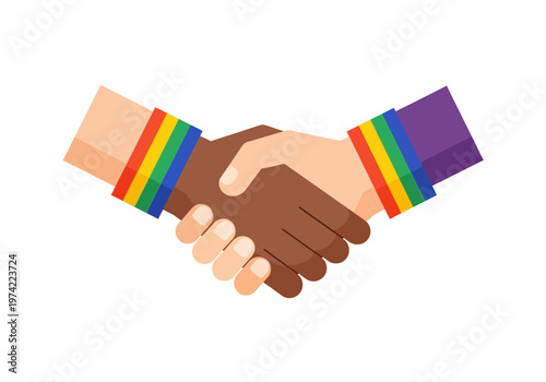 Diverse Hands Shaking in Solidarity with Rainbow Pride Armbands