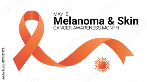 May is melanoma and skin cancer awareness month concept with orange ribbon wave and sun icon highlighting uv protection prevention dermatology health care