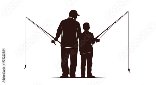 Silhouette of father and son fishing together outdoors