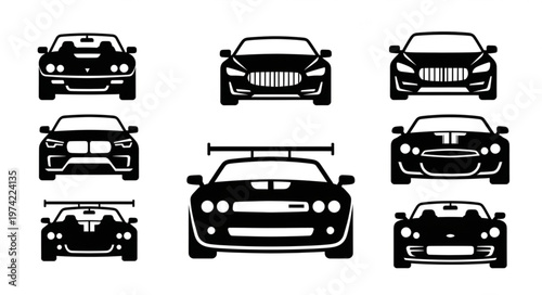 Collection of Front-View Car Silhouettes for Automotive Design Projects.