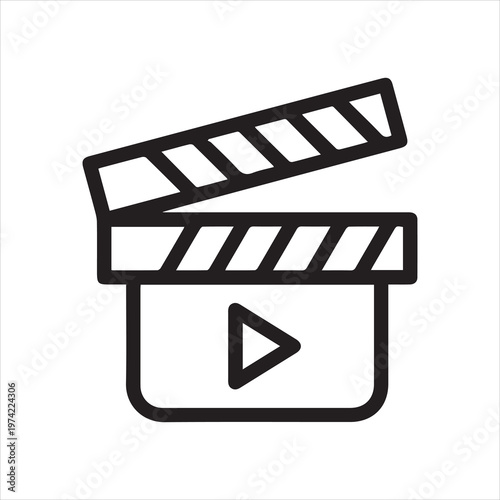 Movie clapperboard outline icon. Cinema symbol. Clapper board line emblem. Tool to shoot video scenes, cinematography label. Film production, concept. Vector illustration isolated on white