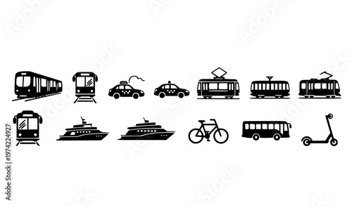 Title:
Minimal black public transport icons in horizontal layout for metro bus tram ferry bicycle and scooter UI vector set