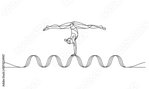 Abstract female gymnast performing handstand on a wavy line.