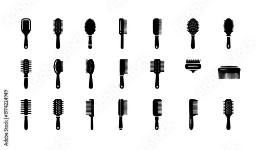 Title:
Hairbrush silhouette icon set with paddle round detangling and vent brush shapes in clean black vector collection