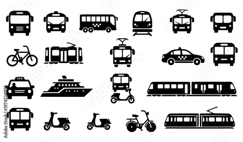 Title:
Diverse black public transport icon collection with bus tram metro taxi ferry bicycle scooter vector set for UI