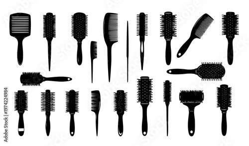 Title:
Diverse hairbrush silhouette icon collection with paddle round vent and styling tools in dynamic vector arrangement
