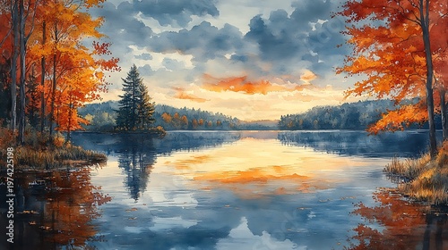 Autumn sunset over lake