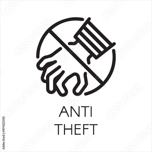 Anti theft icon drawing in line style. Stop feeders, thieves, burglars concept outline label. Crossed out sign of hand. Security button, protection symbol against criminal attacks. Vector illustration