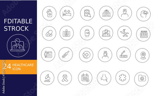 A collection of 24 editable stroke healthcare icons in a circular arrangement depicting various medical services and symbols high-quality professional detailed modern elegant

