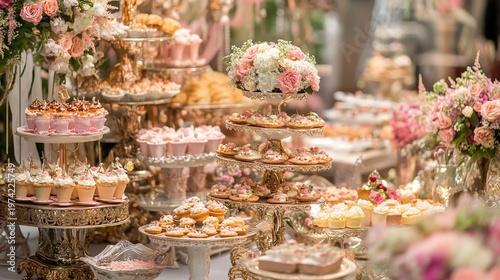 guests. An elegant wedding reception food station adorned with tiered displays and delicate floral accents. menu design.