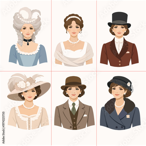 078-07-Six women depicting different historical clothing eras from vintage fashion history