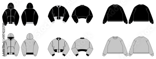 Round neck Long sleeve Sweatshirt overall fashion Flat Sketches technical drawing vector template For men's. Apparel dress design mockup CAD illustration. Sweater fashion design isolated on white