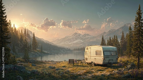 A serene mountain lake at sunset with a camper trailer and chairs set up on the grassy shore, surrounded by pine trees and distant snow-capped peaks.