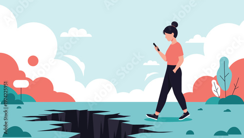 Woman walking outdoors while distracted by her smartphone and unaware of a large dangerous crack on path in front of her.