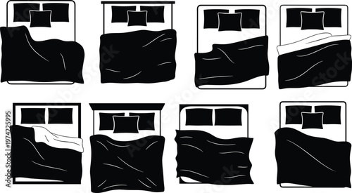 Minimalist bed illustration, black and white bedding variations, pillows and blankets, modern bedroom design, tidy and messy bed arrangements