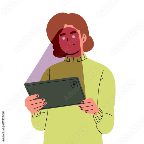Flat vector illustration of people using smartphones, tablets, and digital devices with screen light reflecting on their faces. ideal for technology, online behavior, and mental health awareness.