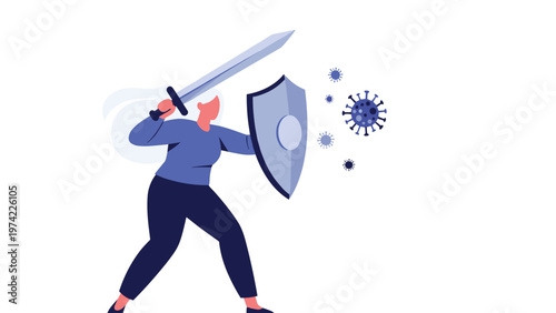 Brave woman armed with a sword and shield defending herself and fighting against dangerous virus particles in the air.