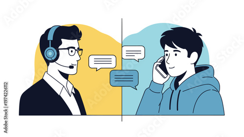 Professional customer support agent with a headset communicating with a young man using a smartphone for assistance.