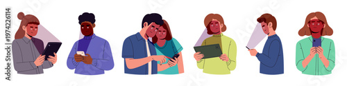 Flat vector illustration set of people using smartphones, tablets, and digital devices with screen light reflecting on their faces. ideal for technology, online behavior, and mental health awareness.