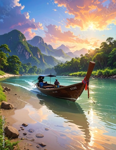A serene boat on a tranquil river at sunset